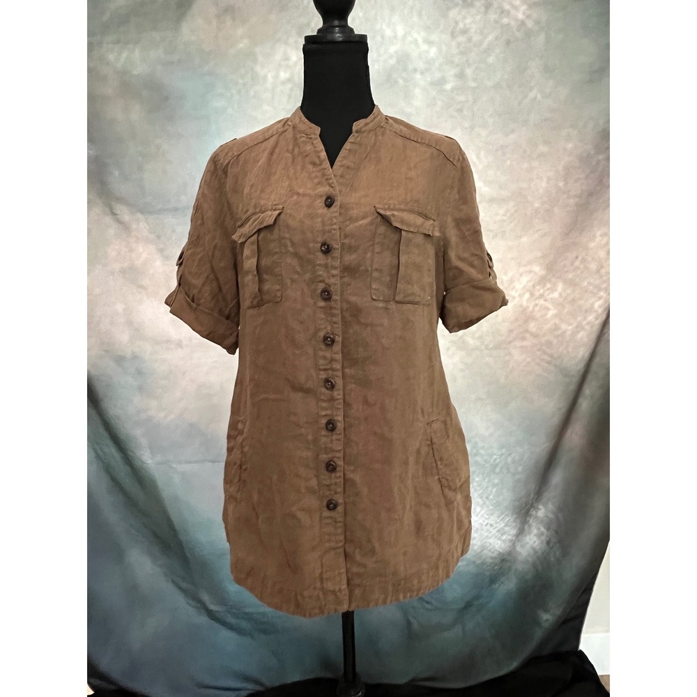 Coldwater Creek Brown 100% Linen Utility‎ Tunic Shirt PM 10-12 Roll Tab Sleeve